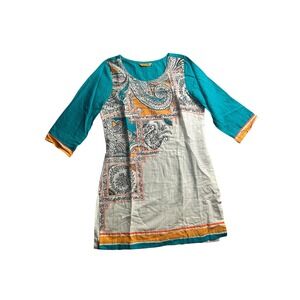Aurelia Womens Kurti Tunic Top Teal Orange Paisley Print 3/4 Sleeve Size S